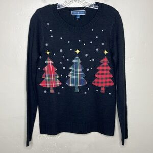 KAREN SCOTT Triple Christmas Tree Sweater Black Crewneck NWOT PM
